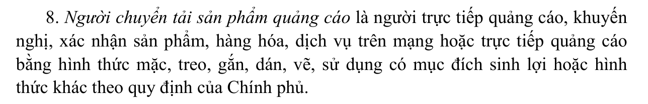Ảnh chụp khoản 8 Điều 2 Luật Quảng cáo trên Công báo: định nghĩa người chuyển tải sản phẩm quảng cáo