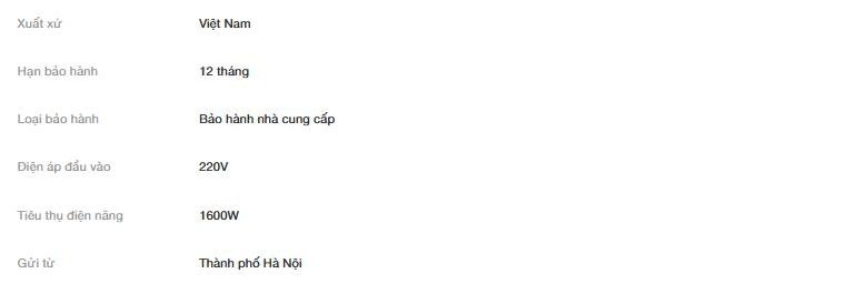 Ảnh chụp bảng thông số tin đăng: Xuất xứ Việt Nam, hạn bảo hành 12 tháng, điện áp đầu vào 220V, tiêu thụ điện năng 1600W, gửi từ Thành phố Hà Nội