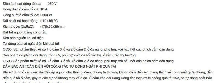 Ảnh chụp phần mô tả sản phẩm, có dòng 'Dòng điện ổ cắm tối đạ: 10 A', dòng 'Công suất ổ cắm tối đa: 2500 W' và câu 'tích hợp rơ-le chống quá tải 15A'